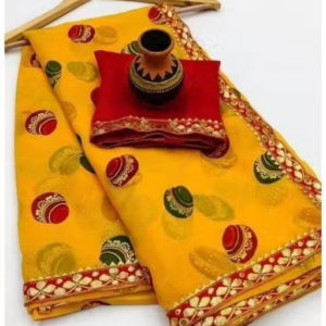 Bhagalpuri Art Silk yellow Lace border Matka Print Saree With Blouse