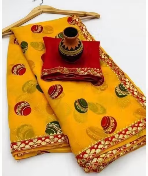 Bhagalpuri Art Silk yellow Lace border Matka Print Saree With Blouse