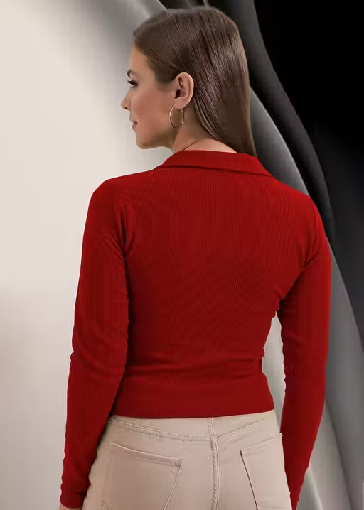 Casual Ribbed Collar V-Neck Maroon Top for Women - Image 2