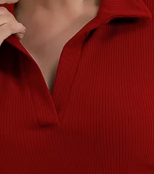 Casual Ribbed Collar V-Neck Maroon Top for Women - Image 3