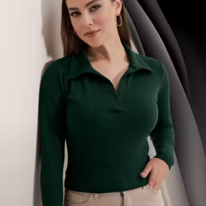 Casual Ribbed Collar V-Neck Maroon Top for Women