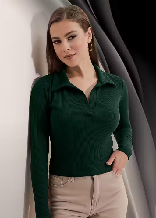 Casual Ribbed Collar V-Neck Maroon Top for Women