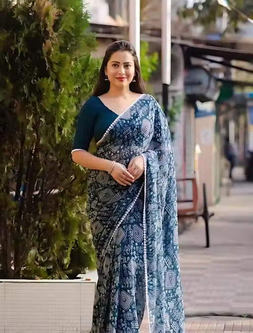 New Fancy White Lehriya Chiffon Saree With Fancy maharani Lace With Blouse. - Image 2