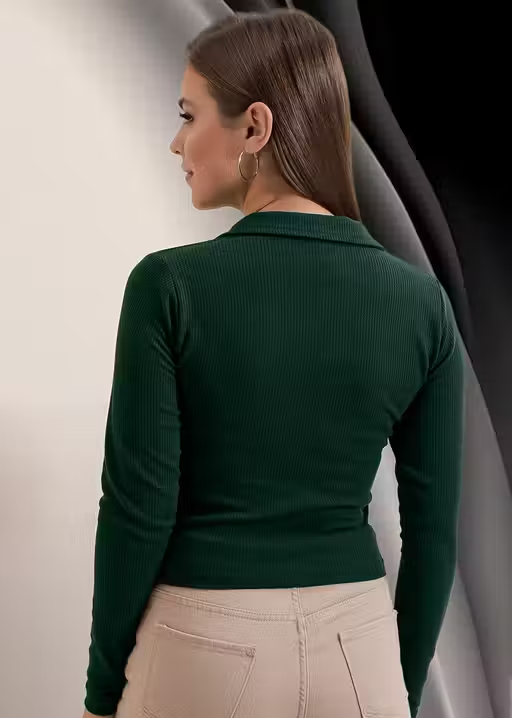 Casual Ribbed Collar V-Neck Maroon Top for Women - Image 2