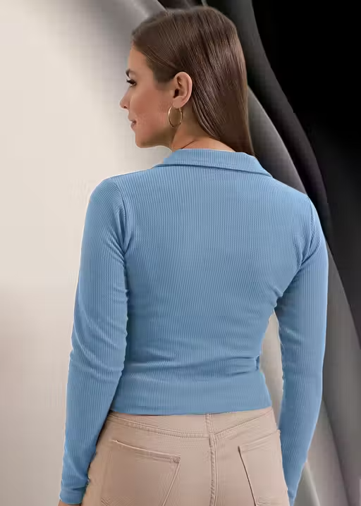 Casual Ribbed Collar V-Neck Maroon Top for Women - Image 2