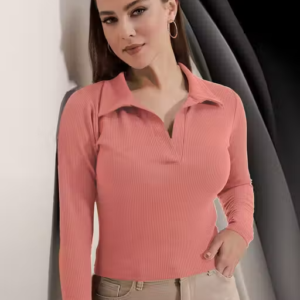 Casual Ribbed Collar V-Neck Maroon Top for Women