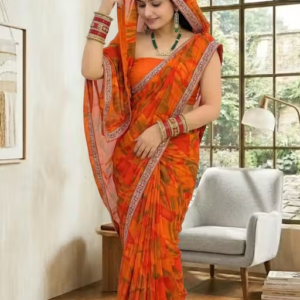 Orange Color Best Daily Wear Georgette Printed Sari With Full Sari Lace Border With Running Unstitched Blouse Piece Fancy Women's Designer Sari Most Trending Sari Bollywood Sari Georgette Ki Sadi Daily Use Sadi Nai Design Of Sadi Fancy Saree Naye Design Of Saree Poonam Saree New Arrival Latest Sari