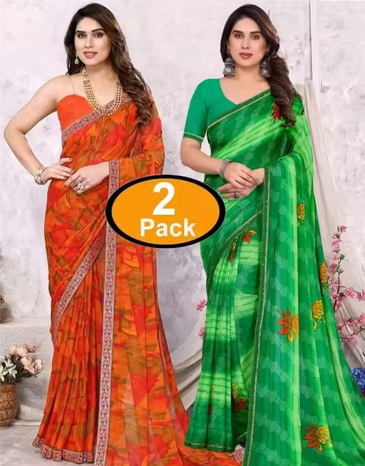 Pack of-2 Best Daily Wear Georgette Printed Sari With Full Saree Lace Border With Running Unstitched Blouse Piece Fancy Women's Designer Saree Most Trending Sari Bollywood Saree Georgette Ki Sadi Daily Use Sadi Nai Design Of Sadi Fancy Saree Naye Design Of Saree Poonam Saree New Arrival Latest Sari