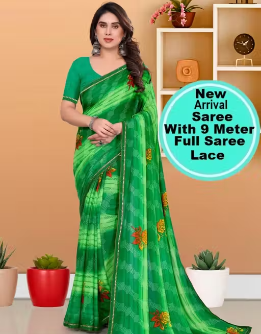 Pack of-2 Best Daily Wear Georgette Printed Sari With Full Saree Lace Border With Running Unstitched Blouse Piece Fancy Women's Designer Saree Most Trending Sari Bollywood Saree Georgette Ki Sadi Daily Use Sadi Nai Design Of Sadi Fancy Saree Naye Design Of Saree Poonam Saree New Arrival Latest Sari - Image 4