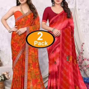 Pack of-2 Best Daily Wear Georgette Printed Sari With Full Saree Lace Border With Running Unstitched Blouse Piece Fancy Women's Designer Saree Most Trending Sari Bollywood Saree Georgette Ki Sadi Daily Use Sadi Nai Design Of Sadi Fancy Saree Naye Design Of Saree Poonam Saree New Arrival Latest Sari