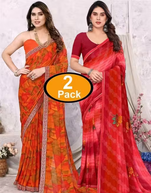 Pack of-2 Best Daily Wear Georgette Printed Sari With Full Saree Lace Border With Running Unstitched Blouse Piece Fancy Women's Designer Saree Most Trending Sari Bollywood Saree Georgette Ki Sadi Daily Use Sadi Nai Design Of Sadi Fancy Saree Naye Design Of Saree Poonam Saree New Arrival Latest Sari