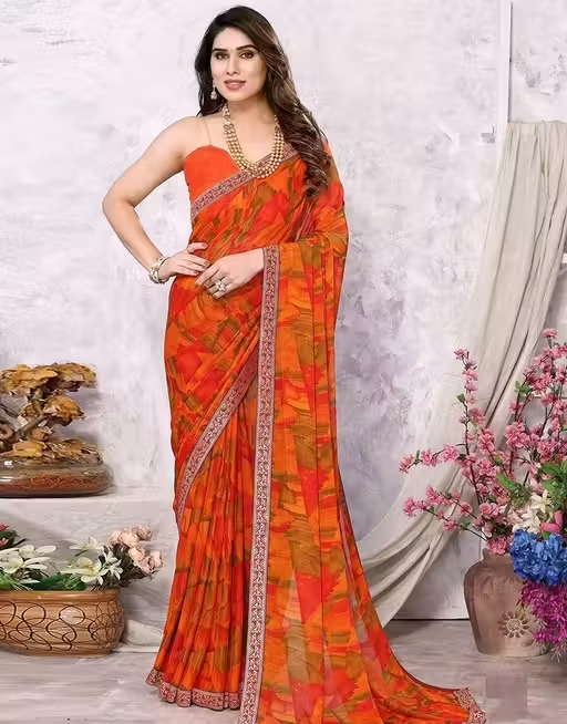 Pack of-2 Best Daily Wear Georgette Printed Sari With Full Saree Lace Border With Running Unstitched Blouse Piece Fancy Women's Designer Saree Most Trending Sari Bollywood Saree Georgette Ki Sadi Daily Use Sadi Nai Design Of Sadi Fancy Saree Naye Design Of Saree Poonam Saree New Arrival Latest Sari - Image 2