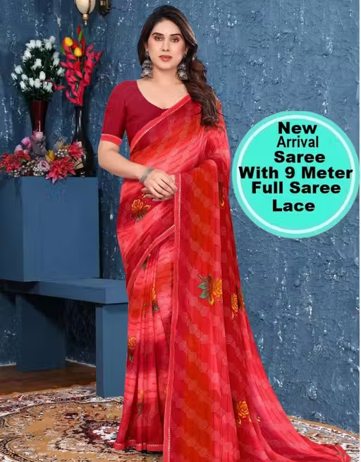 Pack of-2 Best Daily Wear Georgette Printed Sari With Full Saree Lace Border With Running Unstitched Blouse Piece Fancy Women's Designer Saree Most Trending Sari Bollywood Saree Georgette Ki Sadi Daily Use Sadi Nai Design Of Sadi Fancy Saree Naye Design Of Saree Poonam Saree New Arrival Latest Sari - Image 3