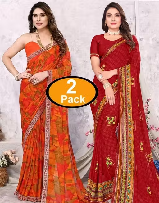 Pack of-2 Best Daily Wear Georgette Printed Sari With Full Saree Lace Border With Running Unstitched Blouse Piece Fancy Women's Designer Saree Most Trending Sari Bollywood Saree Georgette Ki Sadi Daily Use Sadi Nai Design Of Sadi Fancy Saree Naye Design Of Saree Poonam Saree New Arrival Latest Sari