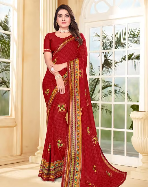 Pack of-2 Best Daily Wear Georgette Printed Sari With Full Saree Lace Border With Running Unstitched Blouse Piece Fancy Women's Designer Saree Most Trending Sari Bollywood Saree Georgette Ki Sadi Daily Use Sadi Nai Design Of Sadi Fancy Saree Naye Design Of Saree Poonam Saree New Arrival Latest Sari - Image 3