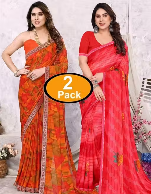 Pack of-2 Best Daily Wear Georgette Printed Sari With Full Saree Lace Border With Running Unstitched Blouse Piece Fancy Women's Designer Saree Most Trending Sari Bollywood Saree Georgette Ki Sadi Daily Use Sadi Nai Design Of Sadi Fancy Saree Naye Design Of Saree Poonam Saree New Arrival Latest Sari