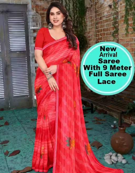 Pack of-2 Best Daily Wear Georgette Printed Sari With Full Saree Lace Border With Running Unstitched Blouse Piece Fancy Women's Designer Saree Most Trending Sari Bollywood Saree Georgette Ki Sadi Daily Use Sadi Nai Design Of Sadi Fancy Saree Naye Design Of Saree Poonam Saree New Arrival Latest Sari - Image 3
