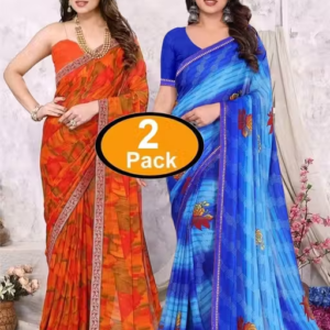 Pack of-2 Best Daily Wear Georgette Printed Saree With Full Saree Lace Border With Running Unstitched Blouse Piece Fancy Women's Designer Sari Most Trending Sari Bollywood Saree Georgette Ki Sadi Daily Use Sadi Nai Design Of Sadi Fancy Saree Naye Design Of Saree Poonam Saree New Arrival Latest Sari
