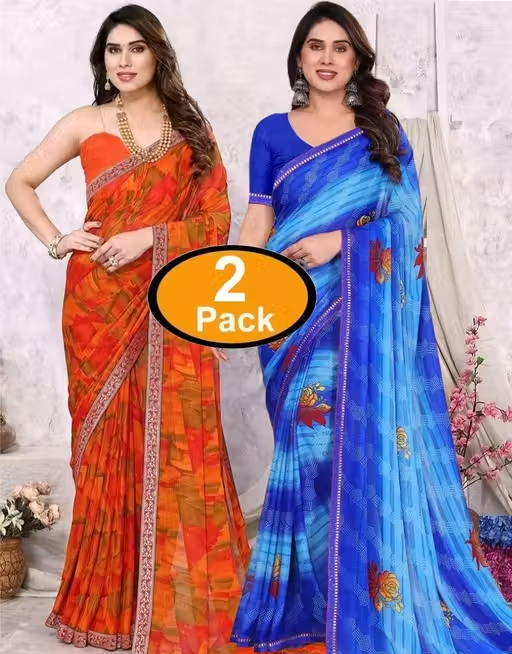 Pack of-2 Best Daily Wear Georgette Printed Saree With Full Saree Lace Border With Running Unstitched Blouse Piece Fancy Women's Designer Sari Most Trending Sari Bollywood Saree Georgette Ki Sadi Daily Use Sadi Nai Design Of Sadi Fancy Saree Naye Design Of Saree Poonam Saree New Arrival Latest Sari