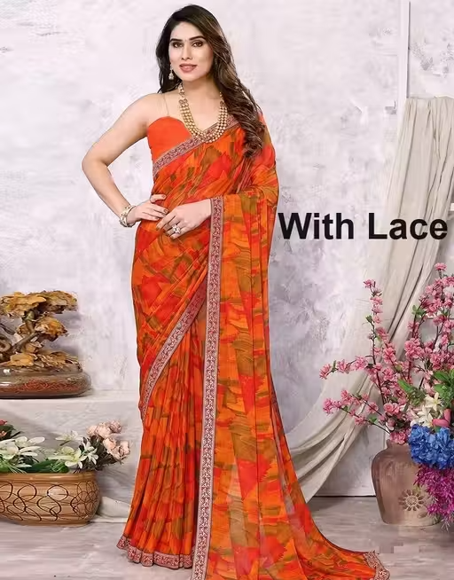Pack of-2 Best Daily Wear Georgette Printed Saree With Full Saree Lace Border With Running Unstitched Blouse Piece Fancy Women's Designer Sari Most Trending Sari Bollywood Saree Georgette Ki Sadi Daily Use Sadi Nai Design Of Sadi Fancy Saree Naye Design Of Saree Poonam Saree New Arrival Latest Sari - Image 2