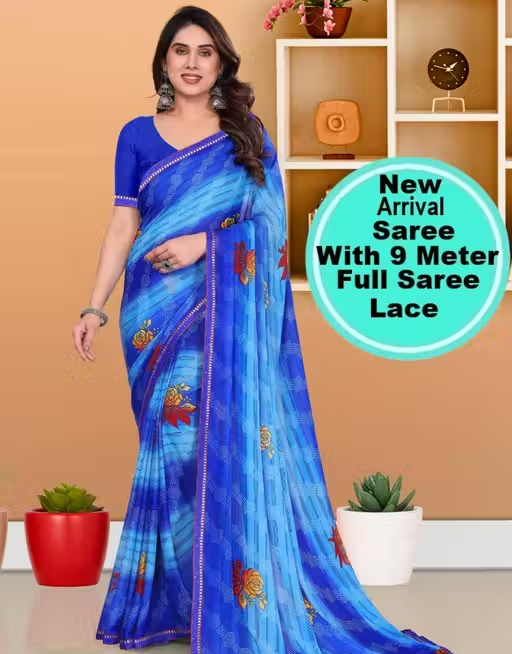 Pack of-2 Best Daily Wear Georgette Printed Saree With Full Saree Lace Border With Running Unstitched Blouse Piece Fancy Women's Designer Sari Most Trending Sari Bollywood Saree Georgette Ki Sadi Daily Use Sadi Nai Design Of Sadi Fancy Saree Naye Design Of Saree Poonam Saree New Arrival Latest Sari - Image 3