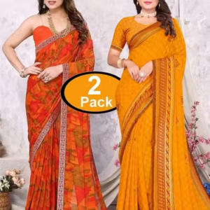 Pack of-2 Best Daily Wear Georgette Printed Sari With Full Saree Lace Border With Running Unstitched Blouse Piece Fancy Women's Designer Saree Most Trending Sari Bollywood Saree Georgette Ki Sadi Daily Use Sadi Nai Design Of Sadi Fancy Saree Naye Design Of Saree Poonam Saree New Arrival Latest Sari