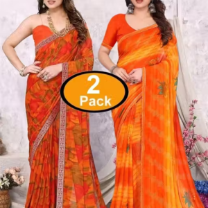 Pack of-2 Best Daily Wear Georgette Printed Sari With Full Saree Lace Border With Running Unstitched Blouse Piece Fancy Women's Designer Saree Most Trending Sari Bollywood Saree Georgette Ki Sadi Daily Use Sadi Nai Design Of Sadi Fancy Saree Naye Design Of Saree Poonam Saree New Arrival Latest Sari