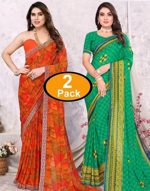 Pack of-2 Best Daily Wear Georgette Printed Sari With Full Saree Lace Border With Running Unstitched Blouse Piece Fancy Women's Designer Saree Most Trending Sari Bollywood Saree Georgette Ki Sadi Daily Use Sadi Nai Design Of Sadi Fancy Saree Naye Design Of Saree Poonam Saree New Arrival Latest Sari