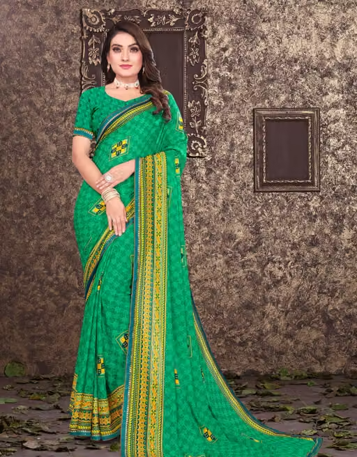 Pack of-2 Best Daily Wear Georgette Printed Sari With Full Saree Lace Border With Running Unstitched Blouse Piece Fancy Women's Designer Saree Most Trending Sari Bollywood Saree Georgette Ki Sadi Daily Use Sadi Nai Design Of Sadi Fancy Saree Naye Design Of Saree Poonam Saree New Arrival Latest Sari - Image 3
