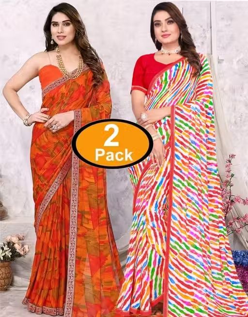 Pack of-2 Best Daily Wear Georgette Printed Sari With Full Saree Lace Border With Running Unstitched Blouse Piece Fancy Women's Designer Saree Most Trending Sari Bollywood Saree Georgette Ki Sadi Daily Use Sadi Nai Design Of Sadi Fancy Saree Naye Design Of Saree Poonam Saree New Arrival Latest Sari
