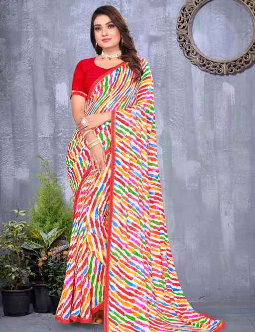 Pack of-2 Best Daily Wear Georgette Printed Sari With Full Saree Lace Border With Running Unstitched Blouse Piece Fancy Women's Designer Saree Most Trending Sari Bollywood Saree Georgette Ki Sadi Daily Use Sadi Nai Design Of Sadi Fancy Saree Naye Design Of Saree Poonam Saree New Arrival Latest Sari - Image 3