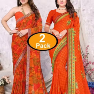 Pack of-2 Best Daily Wear Georgette Printed Sari With Full Saree Lace Border With Running Unstitched Blouse Piece Fancy Women's Designer Saree Most Trending Sari Bollywood Saree Georgette Ki Sadi Daily Use Sadi Nai Design Of Sadi Fancy Saree Naye Design Of Saree Poonam Saree New Arrival Latest Sari