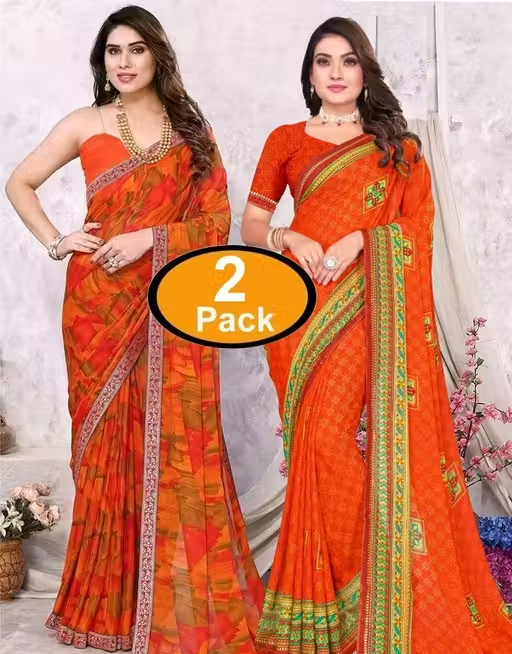 Pack of-2 Best Daily Wear Georgette Printed Sari With Full Saree Lace Border With Running Unstitched Blouse Piece Fancy Women's Designer Saree Most Trending Sari Bollywood Saree Georgette Ki Sadi Daily Use Sadi Nai Design Of Sadi Fancy Saree Naye Design Of Saree Poonam Saree New Arrival Latest Sari