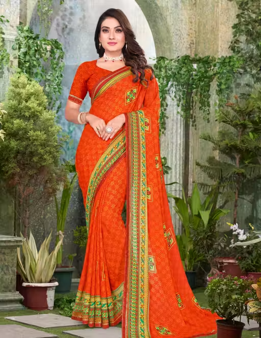 Pack of-2 Best Daily Wear Georgette Printed Sari With Full Saree Lace Border With Running Unstitched Blouse Piece Fancy Women's Designer Saree Most Trending Sari Bollywood Saree Georgette Ki Sadi Daily Use Sadi Nai Design Of Sadi Fancy Saree Naye Design Of Saree Poonam Saree New Arrival Latest Sari - Image 3