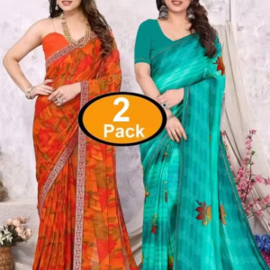 Pack of-2 Best Daily Wear Georgette Printed Sari With Full Saree Lace Border With Running Unstitched Blouse Piece Fancy Women's Designer Saree Most Trending Sari Bollywood Saree Georgette Ki Sadi Daily Use Sadi Nai Design Of Sadi Fancy Saree Naye Design Of Saree Poonam Saree New Arrival Latest Sari