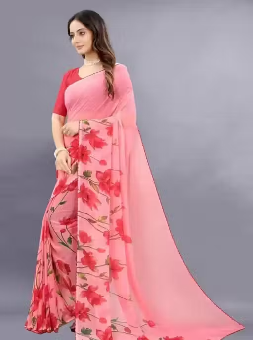 Georgette Pink Saree With Blouse - Image 2