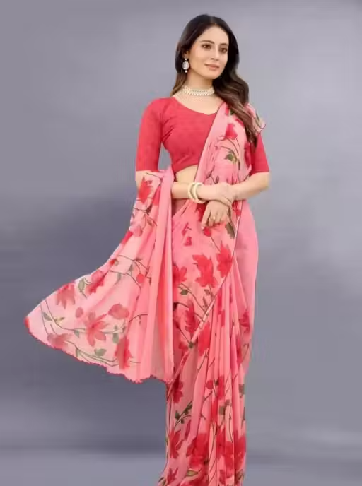 Georgette Pink Saree With Blouse - Image 3