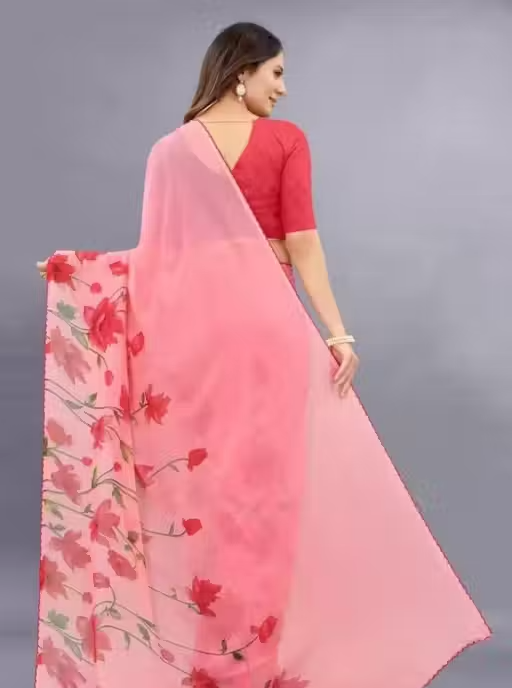 Georgette Pink Saree With Blouse - Image 4