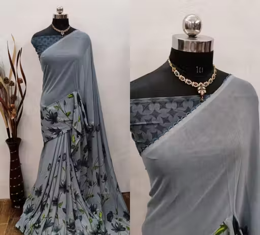 Georgette Grey Saree With Blouse