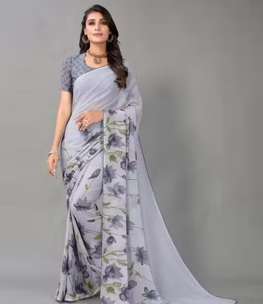 Georgette Grey Saree With Blouse - Image 2