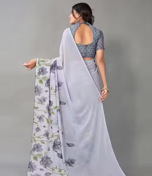 Georgette Grey Saree With Blouse - Image 3