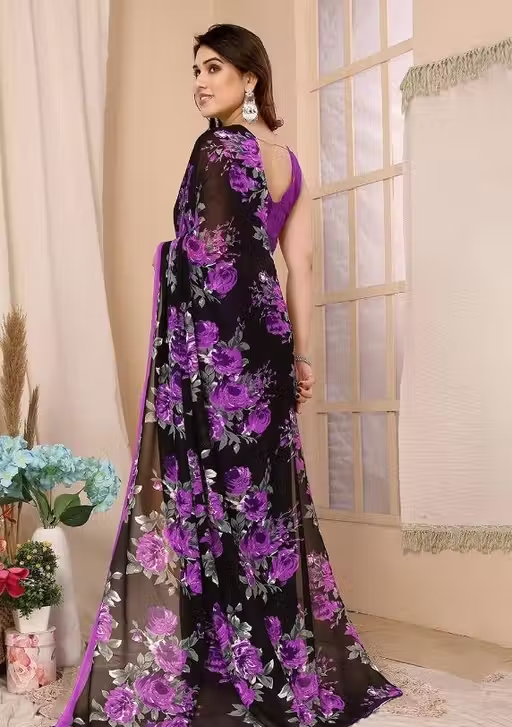 Women's Trendy Floral Printed Georgette Saree with Blouse Material - Image 2