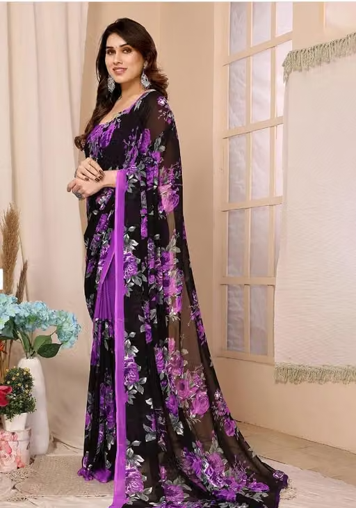 Women's Trendy Floral Printed Georgette Saree with Blouse Material - Image 3
