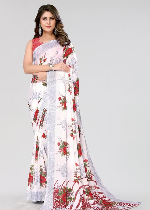 Women's Trendy Floral Printed Georgette Saree with Blouse Material - Image 3