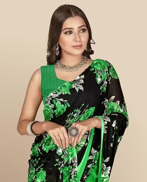 Women's Trendy Floral Printed Georgette Saree with Blouse Material