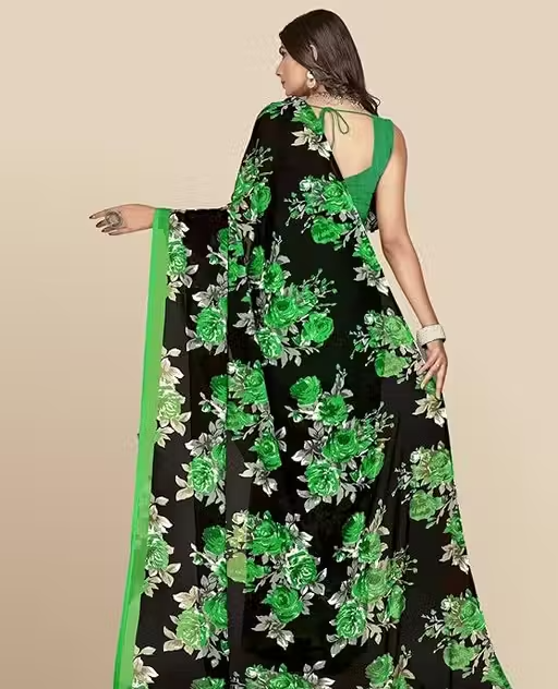 Women's Trendy Floral Printed Georgette Saree with Blouse Material - Image 2