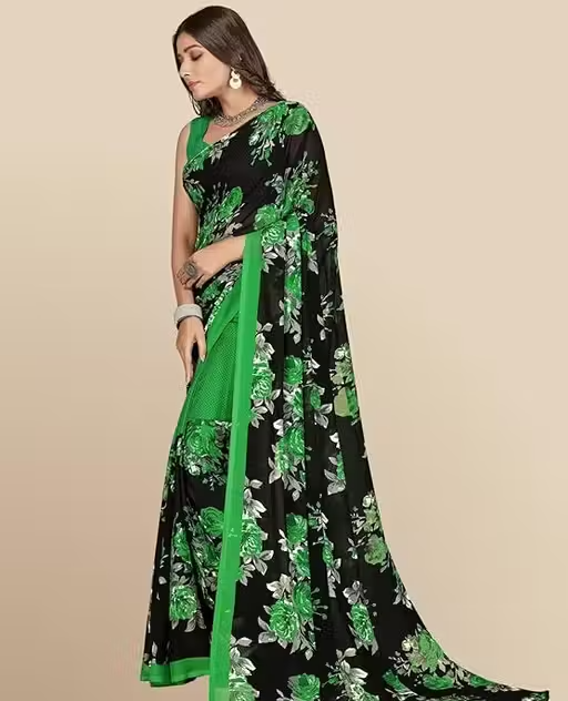Women's Trendy Floral Printed Georgette Saree with Blouse Material - Image 3