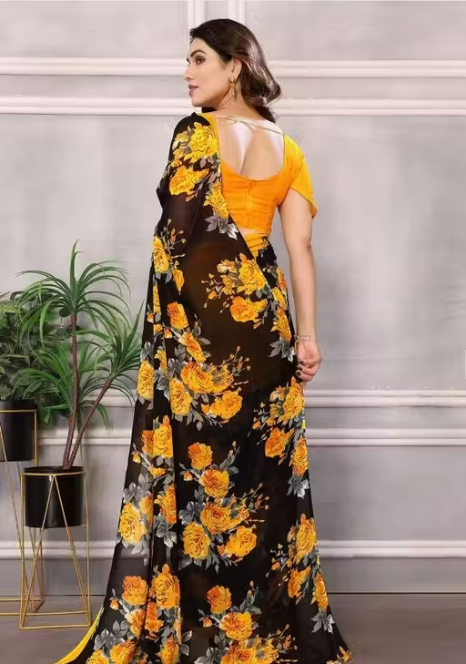 Women's Trendy Floral Printed Georgette Saree with Blouse Material - Image 2
