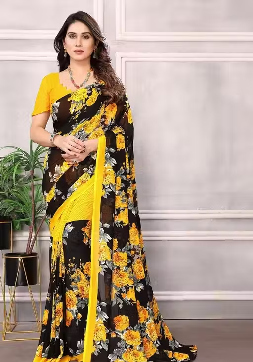 Women's Trendy Floral Printed Georgette Saree with Blouse Material - Image 3