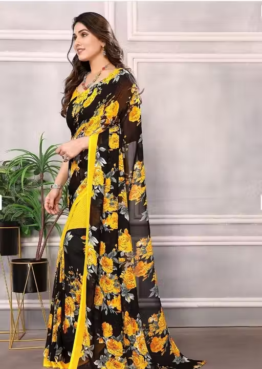 Women's Trendy Floral Printed Georgette Saree with Blouse Material - Image 4